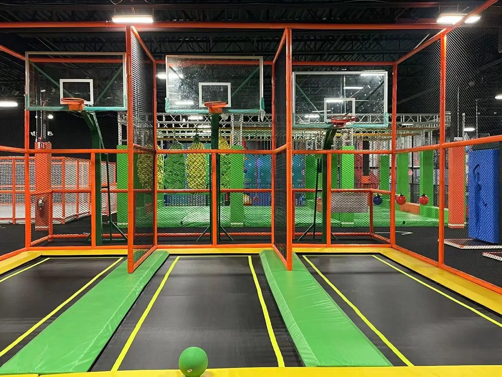 Basketball hoops on trampoline court